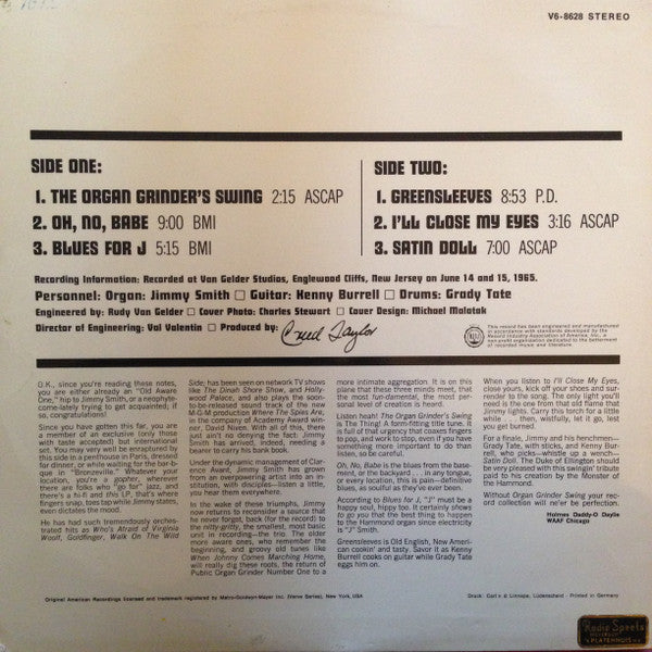 The Incredible Jimmy Smith* Featuring Kenny Burrell And Grady Tate : Organ Grinder Swing (LP, Album)