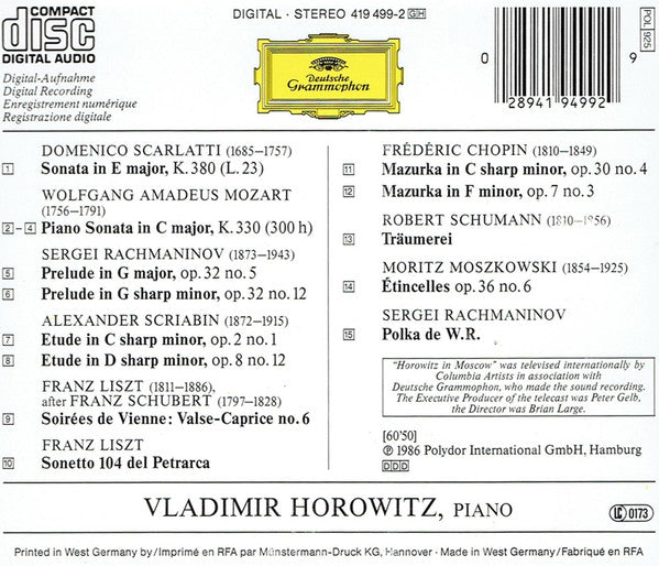 Vladimir Horowitz : Horowitz In Moscow (CD, Album, RE, PDO)