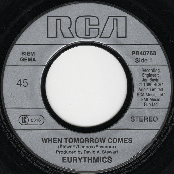Eurythmics : When Tomorrow Comes (7", Single)