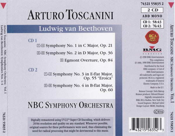 Ludwig van Beethoven, Arturo Toscanini, NBC Symphony Orchestra : Symphonies Nos. 1, 2, 3 & 4 (2xCD, Comp, RM)