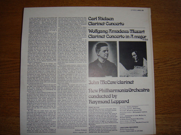 Carl Nielsen / Wolfgang Amadeus Mozart, John McCaw, New Philharmonia Orchestra Conducted By Raymond Leppard : Clarinet Concerto / Clarinet Concerto In A Major (LP, Red)