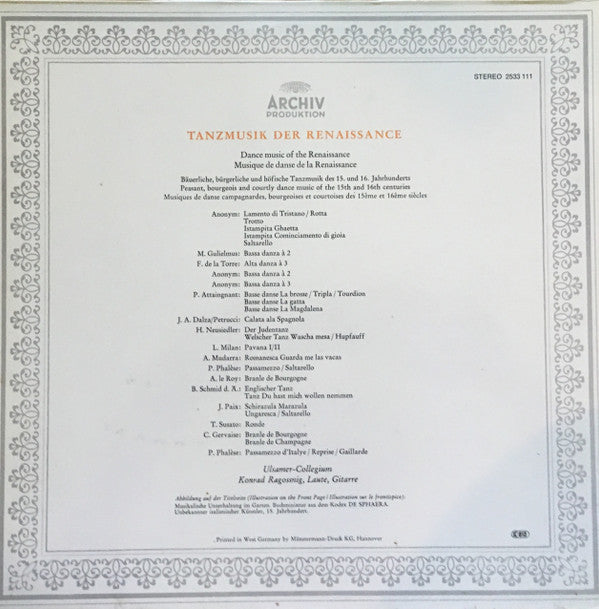 Ulsamer Collegium • Konrad Ragossnig : Tanzmusik Der Renaissance • Dance Music Of The Renaissance • Musique De Danse De La Renaissance (LP, Album, RP, Gat)