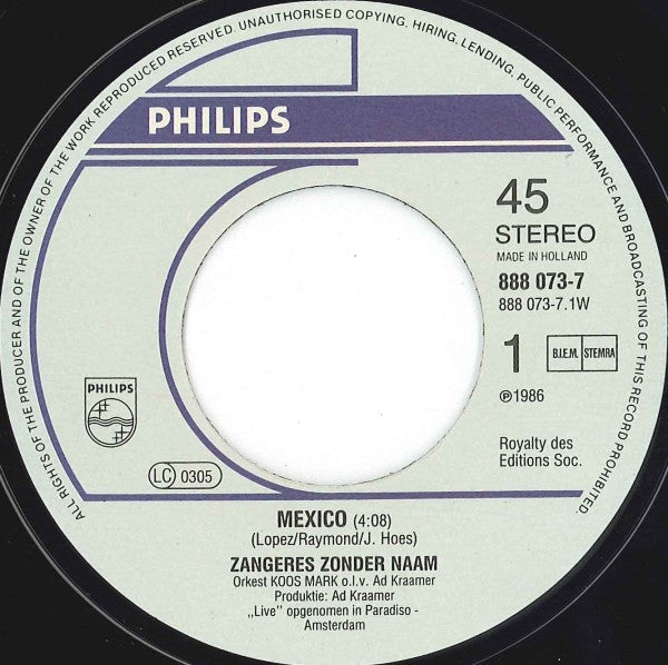 Zangeres Zonder Naam : Mexico / Costa Del Sol (Tingelingeling) (7", Single)