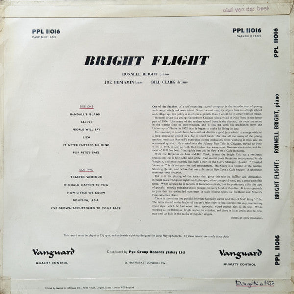 Ronnell Bright With Joe Benjamin, Bill Clark : Bright Flight (LP, Album)