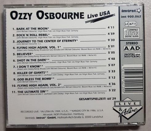 Ozzy Osbourne : Live USA (CD, Unofficial)