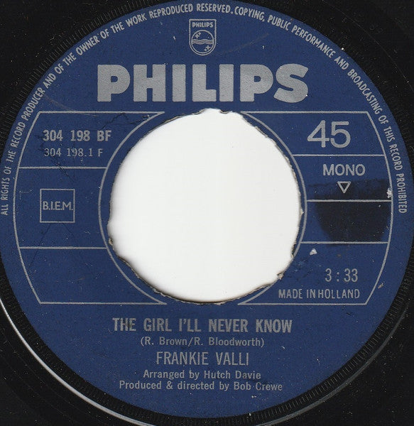 Frankie Valli : The Girl I'll Never Know (7", Single)