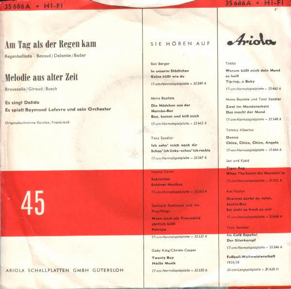 Dalida : Am Tag Als Der Regen Kam (7", Single, Mono)
