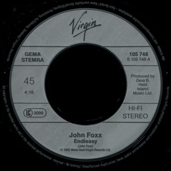 John Foxx : Endlessly (7", Single)