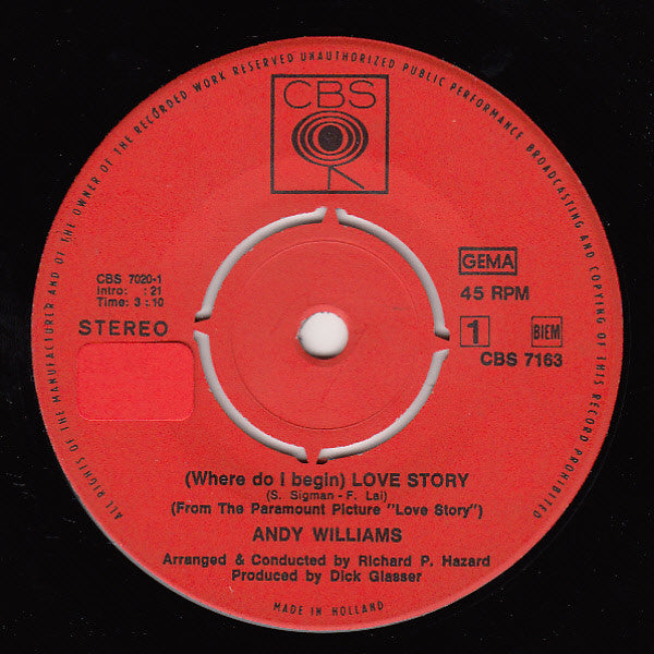 Andy Williams : Love Story / May Each Day (7", Single)