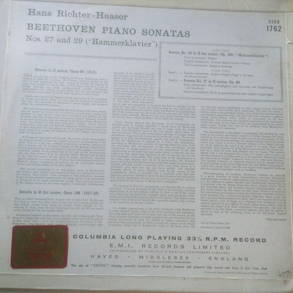 Hans Richter-Haaser - Ludwig van Beethoven : Piano Sonatas: No. 27 In E Minor, Op. 90; No. 29 In B Flat, Op.106 "Hammerklavier" (LP, Album, Mono)