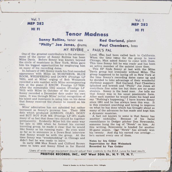 Sonny Rollins Quartet : Tenor Madness Vol. 1 (7", EP)