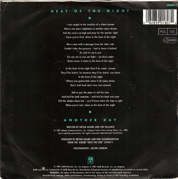 Bryan Adams : Heat Of The Night (7", Single)