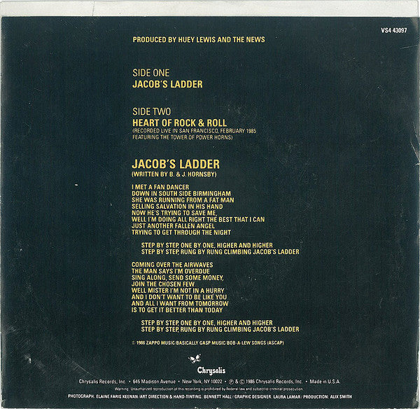 Huey Lewis & The News : Jacob's Ladder (7", Single, Styrene, Car)