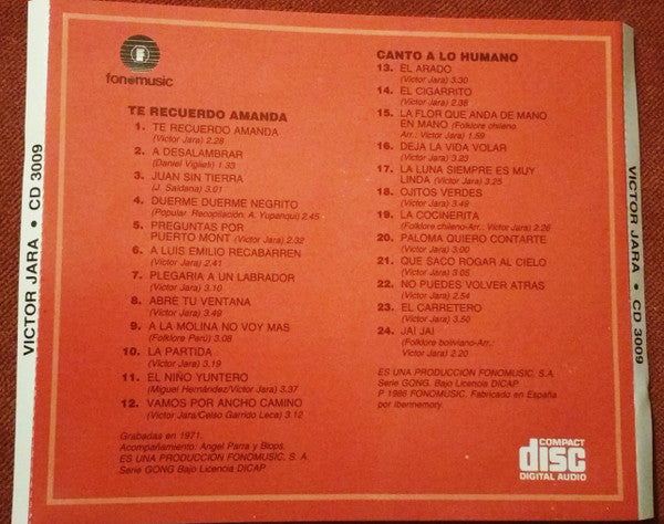 Victor Jara : Te Recuerdo Amanda / Canto A Lo Humano (CD, Comp)
