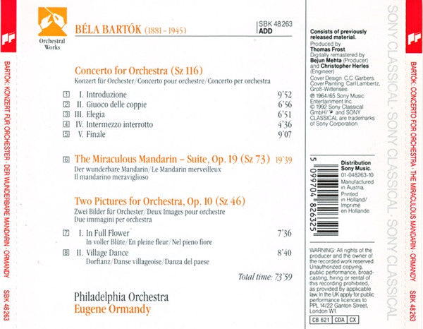Béla Bartók / The Philadelphia Orchestra, Eugene Ormandy : Concerto For Orchestra / The Miraculous Mandarin / Two Pictures (CD, Comp, RM)