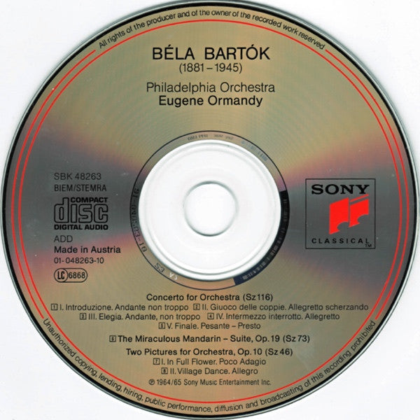 Béla Bartók / The Philadelphia Orchestra, Eugene Ormandy : Concerto For Orchestra / The Miraculous Mandarin / Two Pictures (CD, Comp, RM)