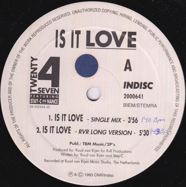 Twenty 4 Seven Featuring Stay-C And Nance : Is It Love (12", Maxi)