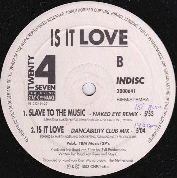 Twenty 4 Seven Featuring Stay-C And Nance : Is It Love (12", Maxi)