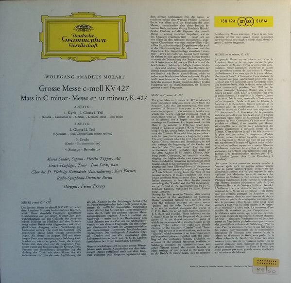 Wolfgang Amadeus Mozart - Maria Stader • Hertha Töpper • Ernst Haefliger • Ivan Sardi Divergent:  Ferenc Fricsay : Grosse Messe In C-moll ‧ Mass In C Minor, K. 427 (LP, RP)