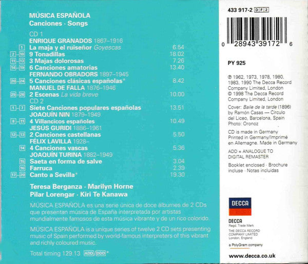 Enrique Granados · Manuel De Falla · Joaquín Turina · Joaquin Nin · Fernando Obradors · Teresa Berganza · Marilyn Horne · Pilar Lorengar · Kiri Te Kanawa : Música Española (Canciones = Songs) (2xCD, Comp, RE, RM)