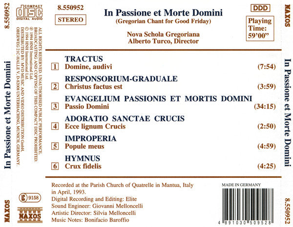 Nova Schola Gregoriana, Alberto Turco : In Passione Et Morte Domini (Gregorian Chant For Good Friday) (CD, Album)