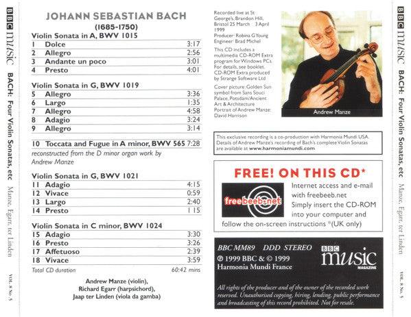 Johann Sebastian Bach / Andrew Manze, Richard Egarr, Jaap ter Linden : Four Violin Sonatas, Etc (CD)