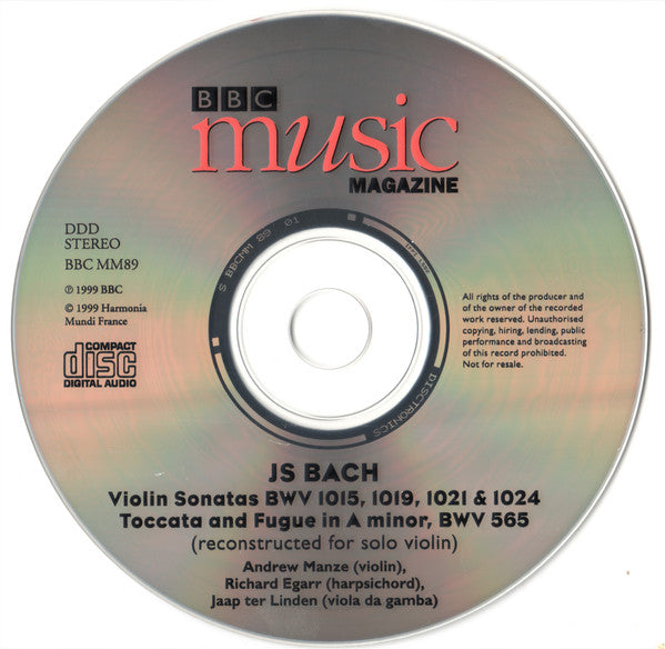Johann Sebastian Bach / Andrew Manze, Richard Egarr, Jaap ter Linden : Four Violin Sonatas, Etc (CD)
