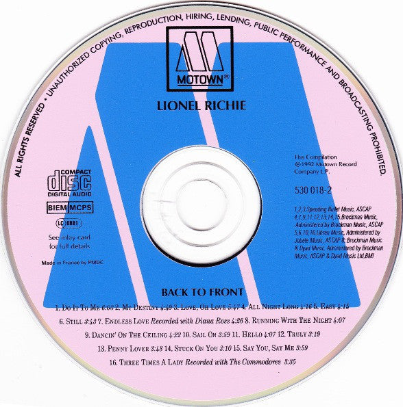 Lionel Richie : Back To Front (CD, Comp, RP)