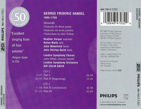 Georg Friedrich Händel - Heather Harper •  Helen Watts •  John Wakefield •  John Shirley-Quirk •  London Symphony Orchestra & London Symphony Chorus, Sir Colin Davis : Messiah (2xCD, Album, RE, RM)