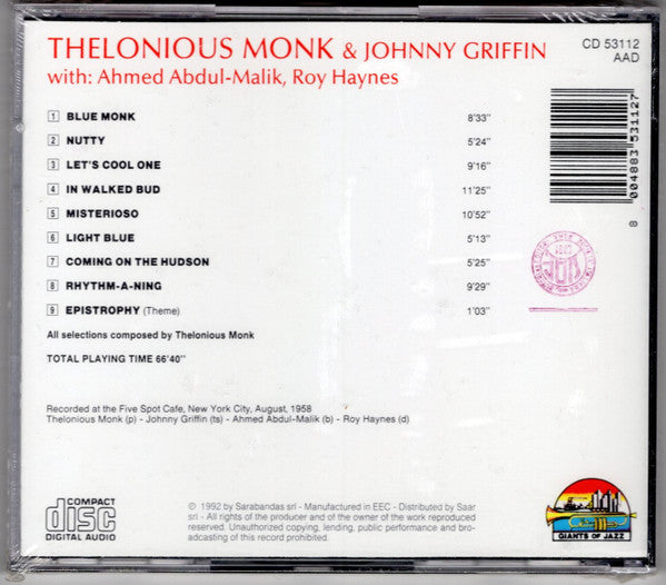 Thelonious Monk & Johnny Griffin With Ahmed Abdul-Malik And Roy Haynes : At The Five Spot Cafe, New York City, August 1958 (CD, Comp)