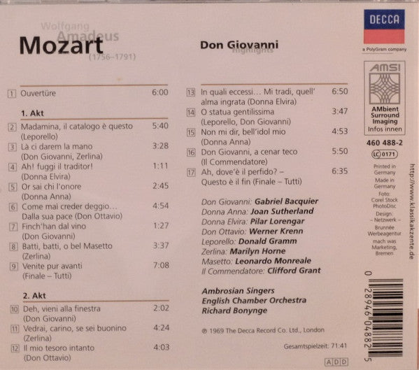 Wolfgang Amadeus Mozart - Gabriel Bacquier •  Joan Sutherland •  Pilar Lorengar •  Marilyn Horne •  English Chamber Orchestra •  Richard Bonynge : Don Giovanni (Highlights) (CD, Album, RE, RM)