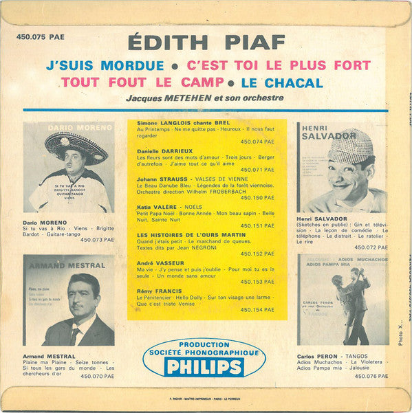 Edith Piaf : J'suis Mordue (7", Mono, Tan)
