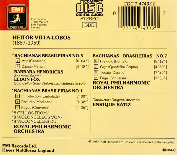 Heitor Villa-Lobos - Barbara Hendricks, Royal Philharmonic Orchestra, Enrique Batiz : Bachianas Brasileiras 1, 5 & 7 (CD)