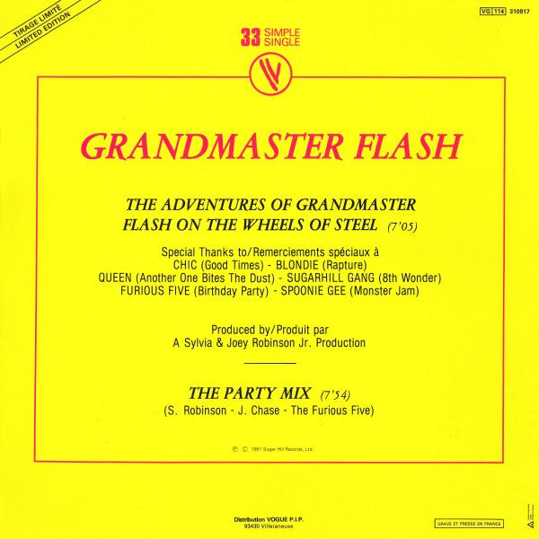 Grandmaster Flash : The Adventures Of Grandmaster Flash On The Wheels Of Steel (12", Single, Ltd)