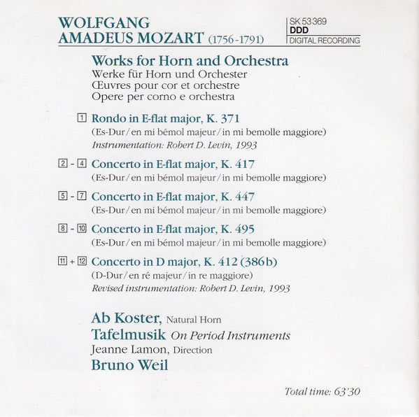 Wolfgang Amadeus Mozart - Ab Koster, Tafelmusik Baroque Orchestra · Bruno Weil : Rondo & Horn Concertos (CD)