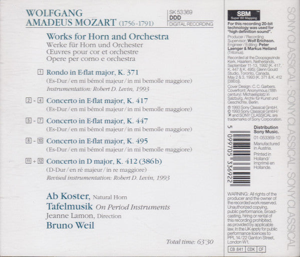 Wolfgang Amadeus Mozart - Ab Koster, Tafelmusik Baroque Orchestra · Bruno Weil : Rondo & Horn Concertos (CD)