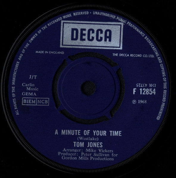 Tom Jones : A Minute Of Your Time / Looking Out My Window (7", Single, 4-P)