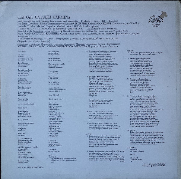 Carl Orff, Ivo Žídek, Helena Tattermuschová, Czech Philharmonic Chorus , And The Prague Symphony Orchestra Conducted By Václav Smetáček : Carl Orff - Catulli Carmina (LP, Blu)