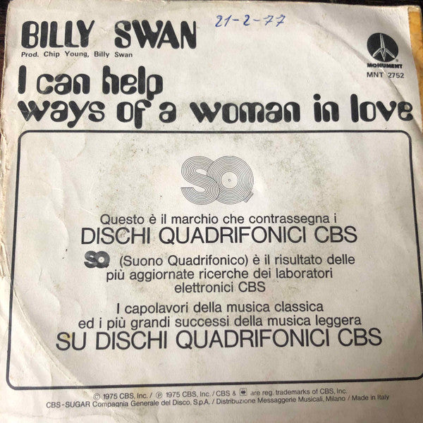 Billy Swan : I Can Help / Ways Of A Woman In Love (7", Single)
