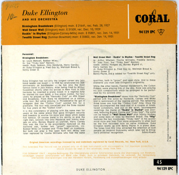 Duke Ellington And His Orchestra : Birmingham Breakdown (7", EP)