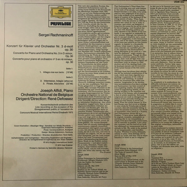 Sergei Vasilyevich Rachmaninoff, Jo Alfidi, Belgian National Orchestra, René Defossez : Klavierkonzert Nr. 3 Op. 30 (LP, RE)