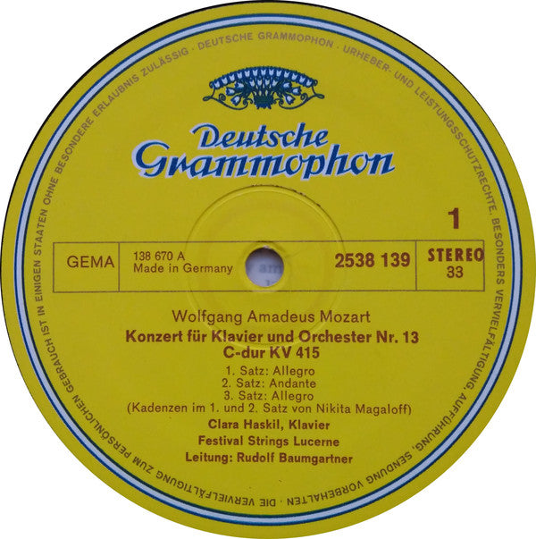 Clara Haskil Spielt Wolfgang Amadeus Mozart : Klavierkonzerte Nr.13 KV 415 · Klaviersonate F-Dur KV 280 · Variationen Über "Ah, Vous Dirais-Je, Maman" KV 265 (LP, RE)