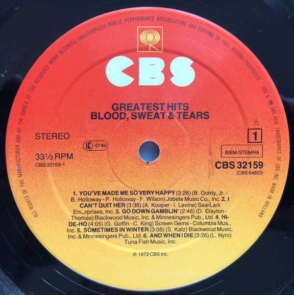 Blood, Sweat And Tears : Blood, Sweat & Tears Greatest Hits (LP, Comp, RE)
