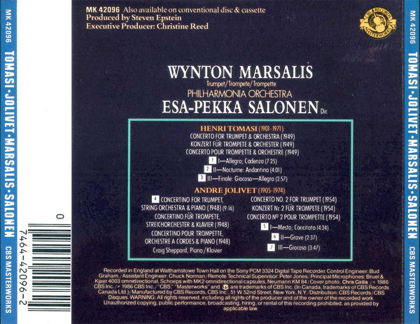 Wynton Marsalis, Henri Tomasi, André Jolivet, Philharmonia Orchestra, Esa-Pekka Salonen : Tomasi: Concerto For Trumpet And Orchestra / Jolivet: Concerto No. 2 For Trumpet - Concertino For Trumpet, String Orchestra And Piano (CD, Album)