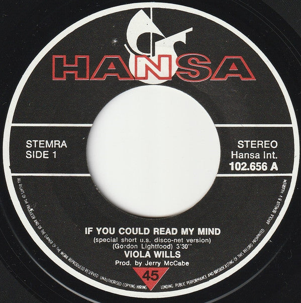 Viola Wills : If You Could Read My Mind (Special U.S. Disco-Mix) (7", Single, Whi)