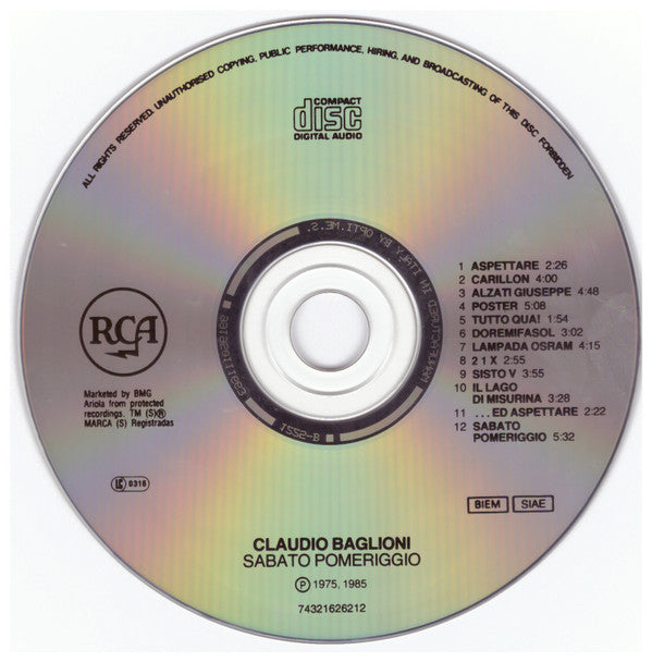 Claudio Baglioni : Sabato Pomeriggio (CD, Album, RE)