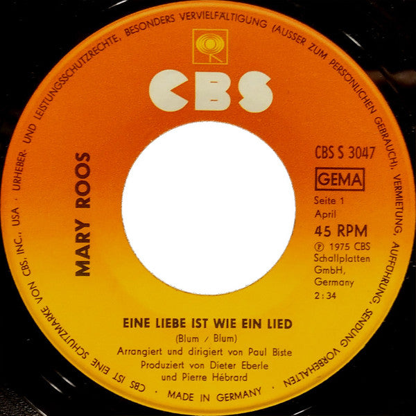 Mary Roos : Eine Liebe Ist Wie Ein Lied (7", Single)