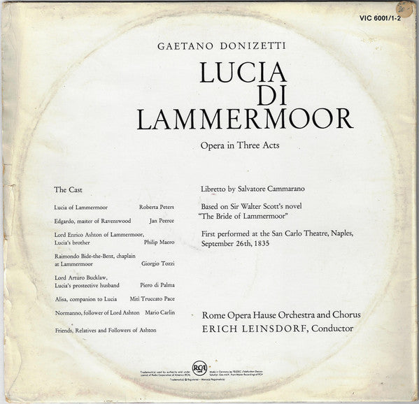 Gaetano Donizetti / Roberta Peters, Jan Peerce, Giorgio Tozzi, Philip Maero, Orchestra Del Teatro Dell'Opera Di Roma And Coro Del Teatro Dell'Opera Di Roma, Erich Leinsdorf : Lucia Di Lammermoor (Complete) (2xLP, Album, RE, Gat)