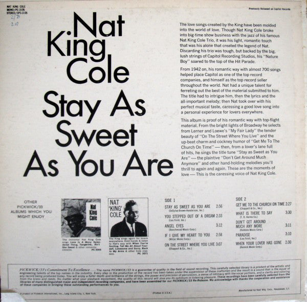 Nat King Cole : Stay As Sweet As You Are (LP, Album, Comp, RE)