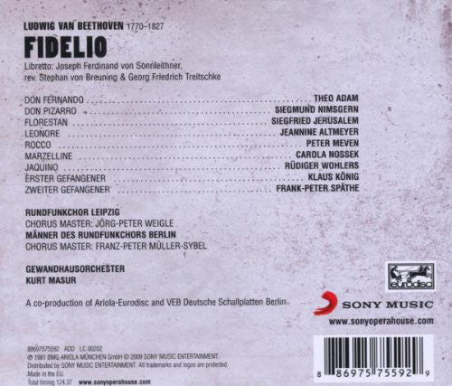Ludwig van Beethoven - Jeannine Altmeyer • Siegfried Jerusalem • Siegmund Nimsgern • Theo Adam • Peter Meven • Carola Nossek • Rüdiger Wohlers • Rundfunkchor Leipzig • Gewandhausorchester Leipzig • Kurt Masur : Fidelio (2xCD, Album, RE)
